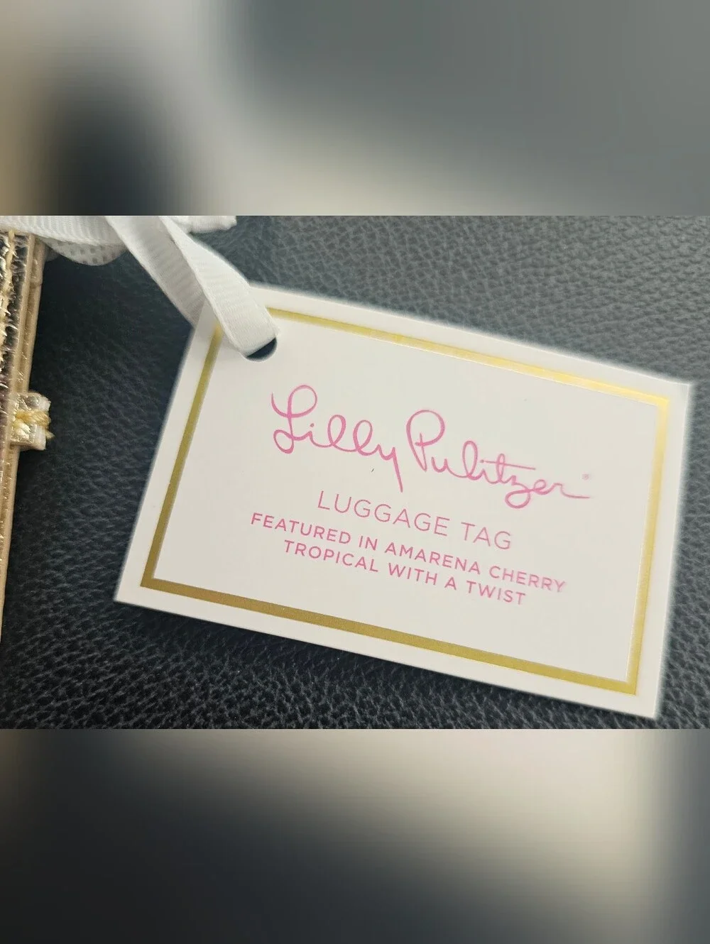 Lilly Pulitzer Blue and White Floral-Style Scrunchie with Pink Leaf Luggage Tag